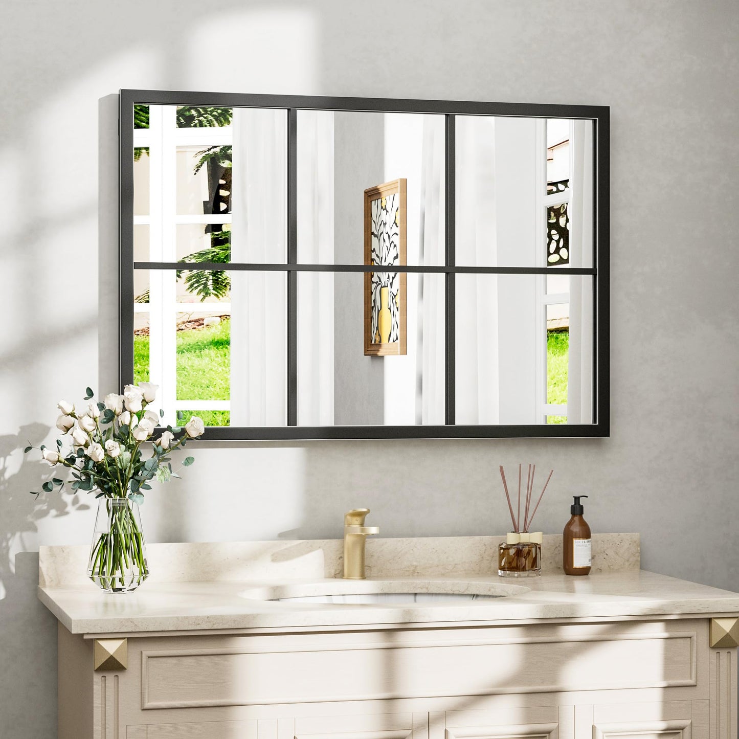 Dewfig Arched Full Length Mirror, 71"x 32" Windowpane Floor Mirror, Black