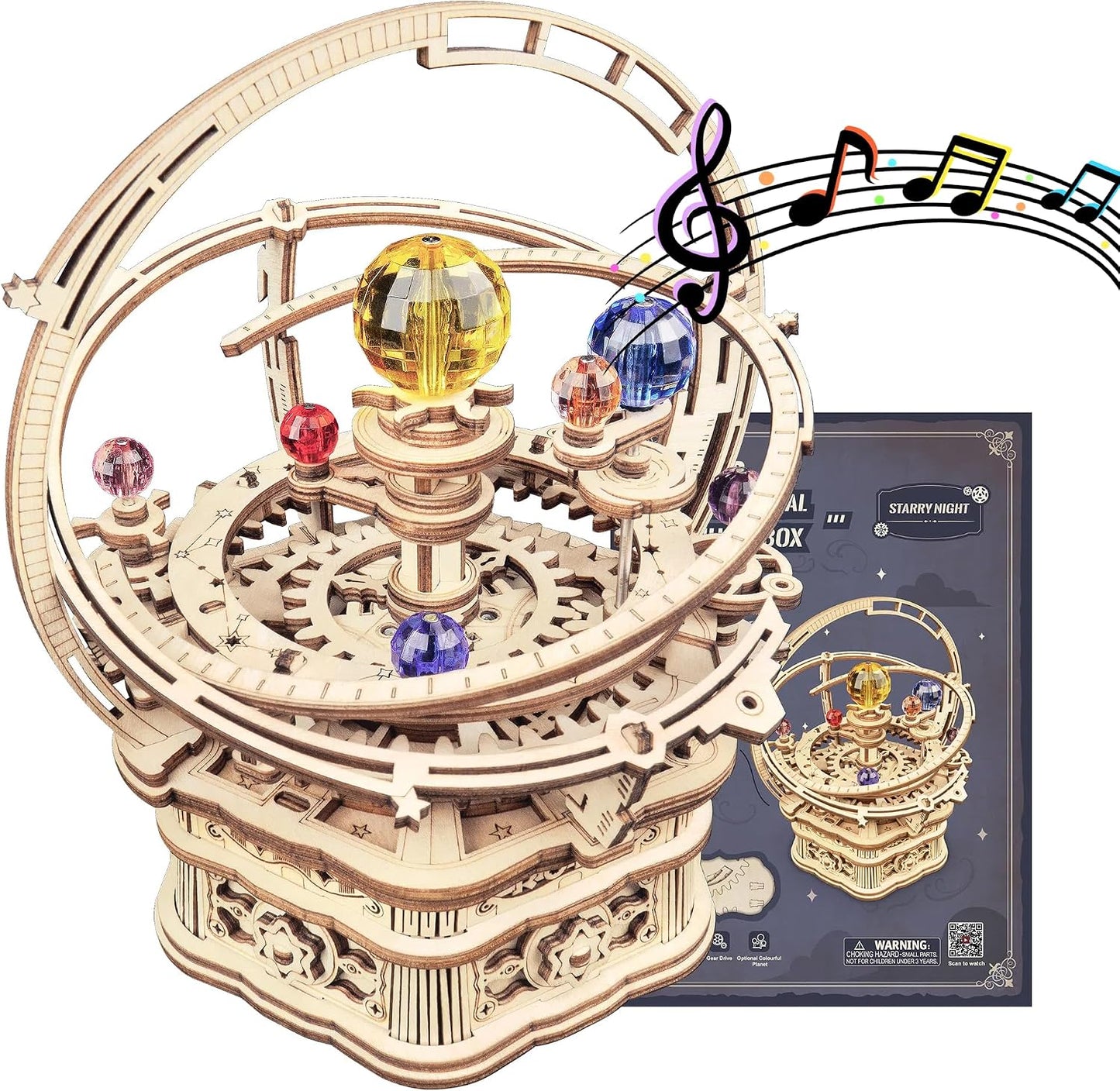 ROKR 3D Puzzles for Adults Orrery Music Box Wooden Model Building Set, DIY Wood Craft Kit Solar System Kit STEM Toys Gifts for Man/Woman