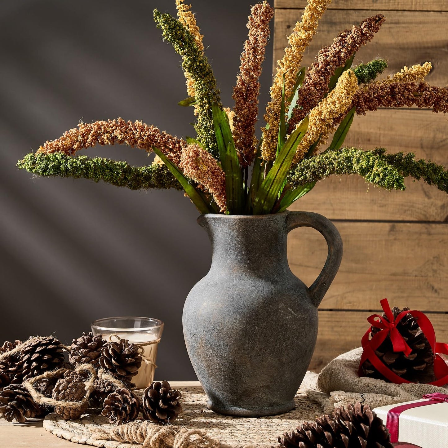 SIDUCAL Ceramic Rustic Farmhouse Vase with Handle, Terracotta Vase, Minimalist Decorative Vases for Home Decor, Table, Living Room, Shelf, Christmas Decoration(Gray)