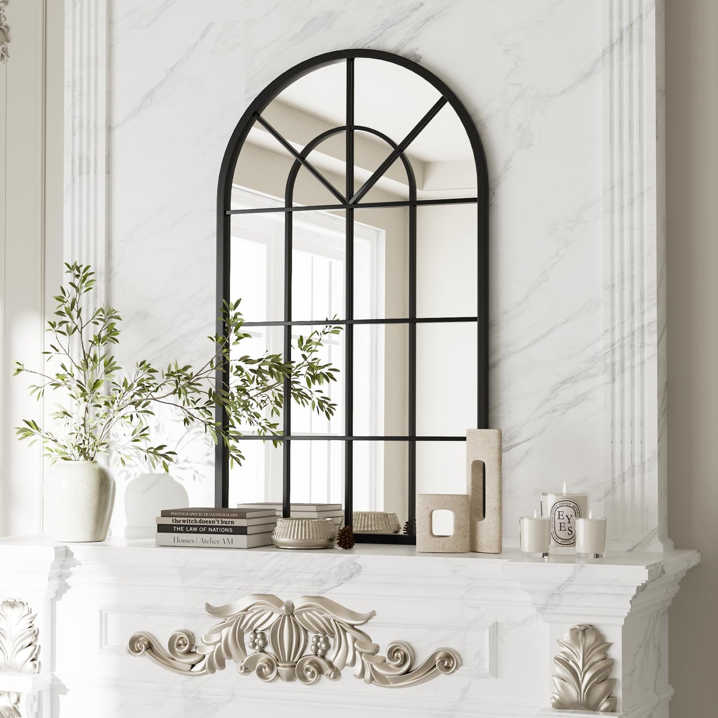 Dewfig Arched Full Length Mirror, 71"x 32" Windowpane Floor Mirror, Black