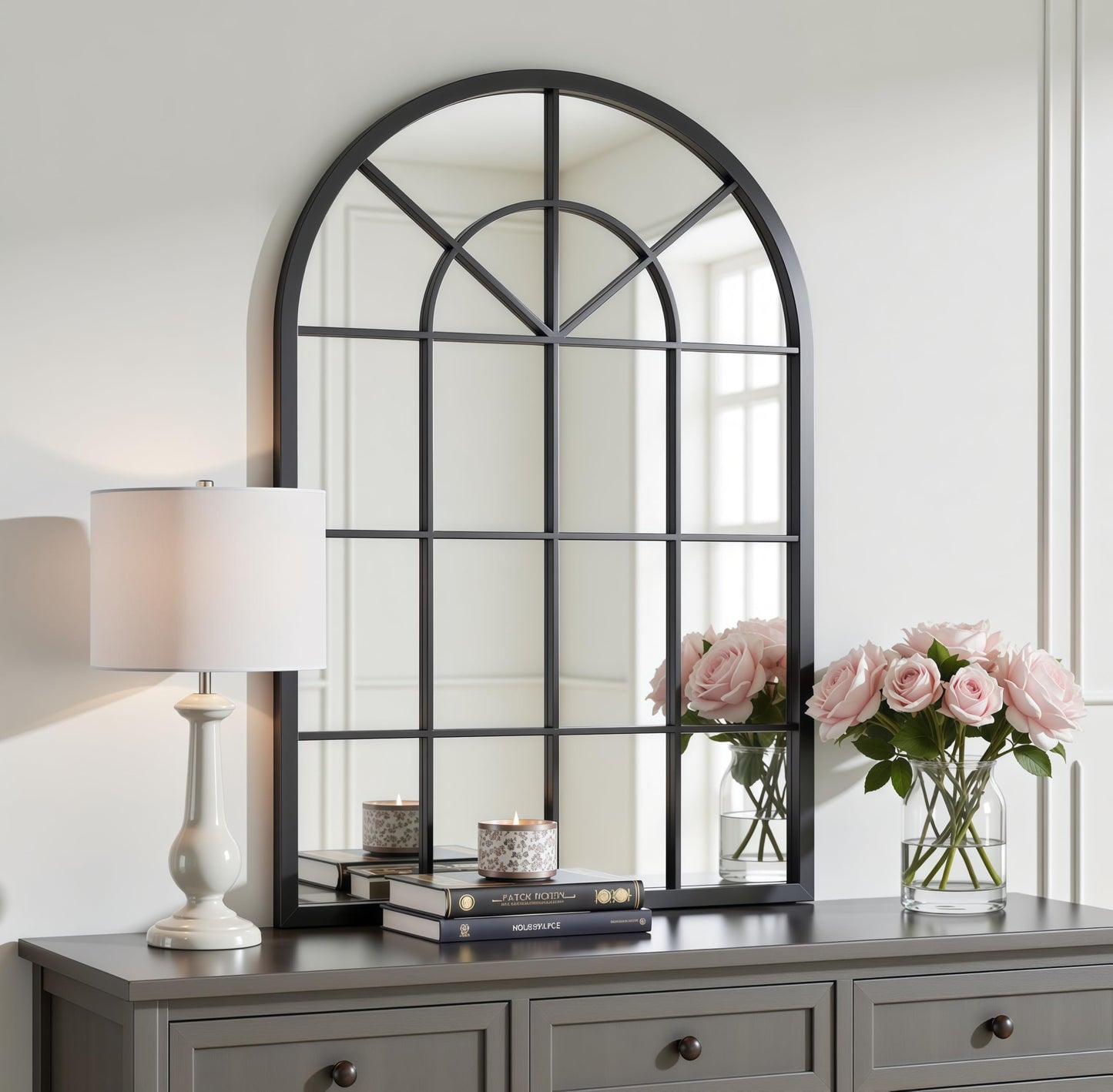 Dewfig Arched Full Length Mirror, 71"x 32" Windowpane Floor Mirror, Black