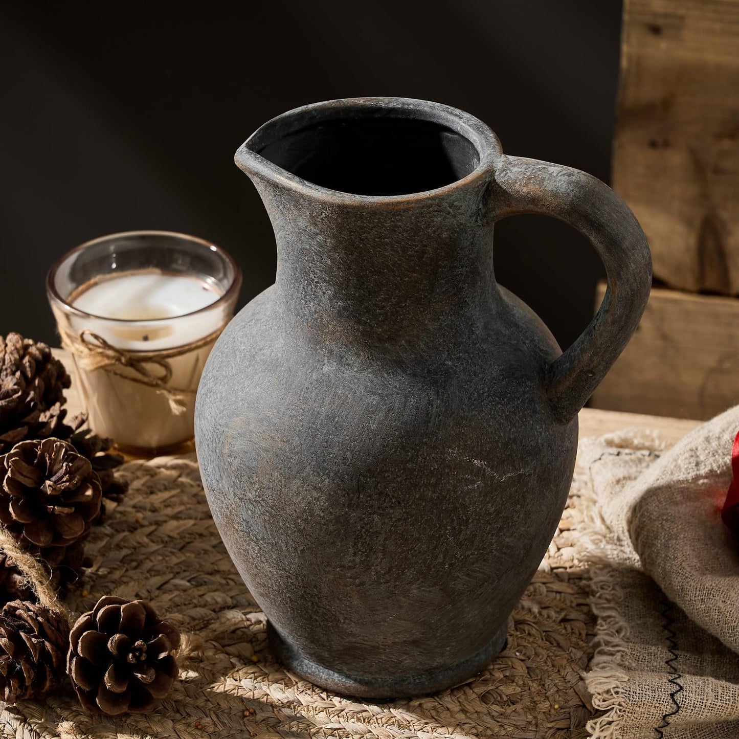 SIDUCAL Ceramic Rustic Farmhouse Vase with Handle, Terracotta Vase, Minimalist Decorative Vases for Home Decor, Table, Living Room, Shelf, Christmas Decoration(Gray)