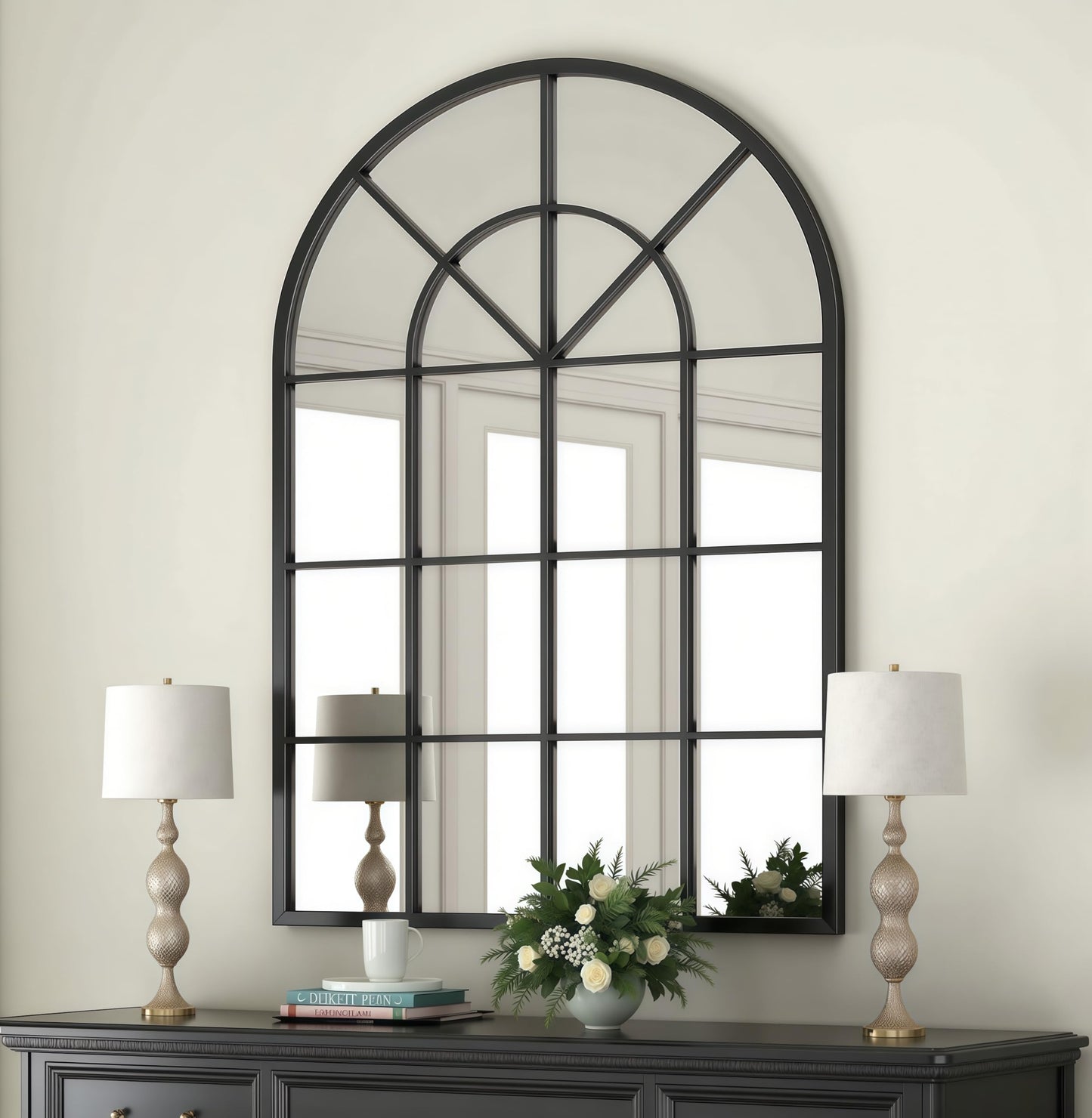 Dewfig Arched Full Length Mirror, 71"x 32" Windowpane Floor Mirror, Black
