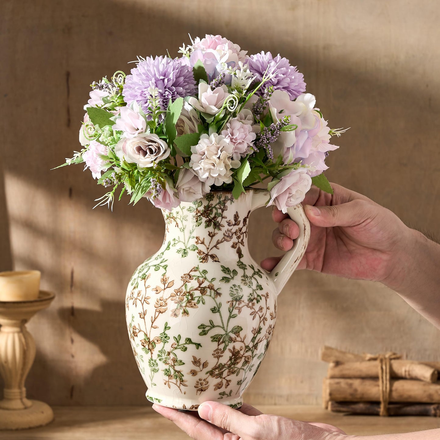 SIDUCAL Ceramic Rustic Farmhouse Vase with Handle, Terracotta Vase, Minimalist Decorative Vases for Home Decor, Table, Living Room, Shelf, Christmas Decoration(Gray)