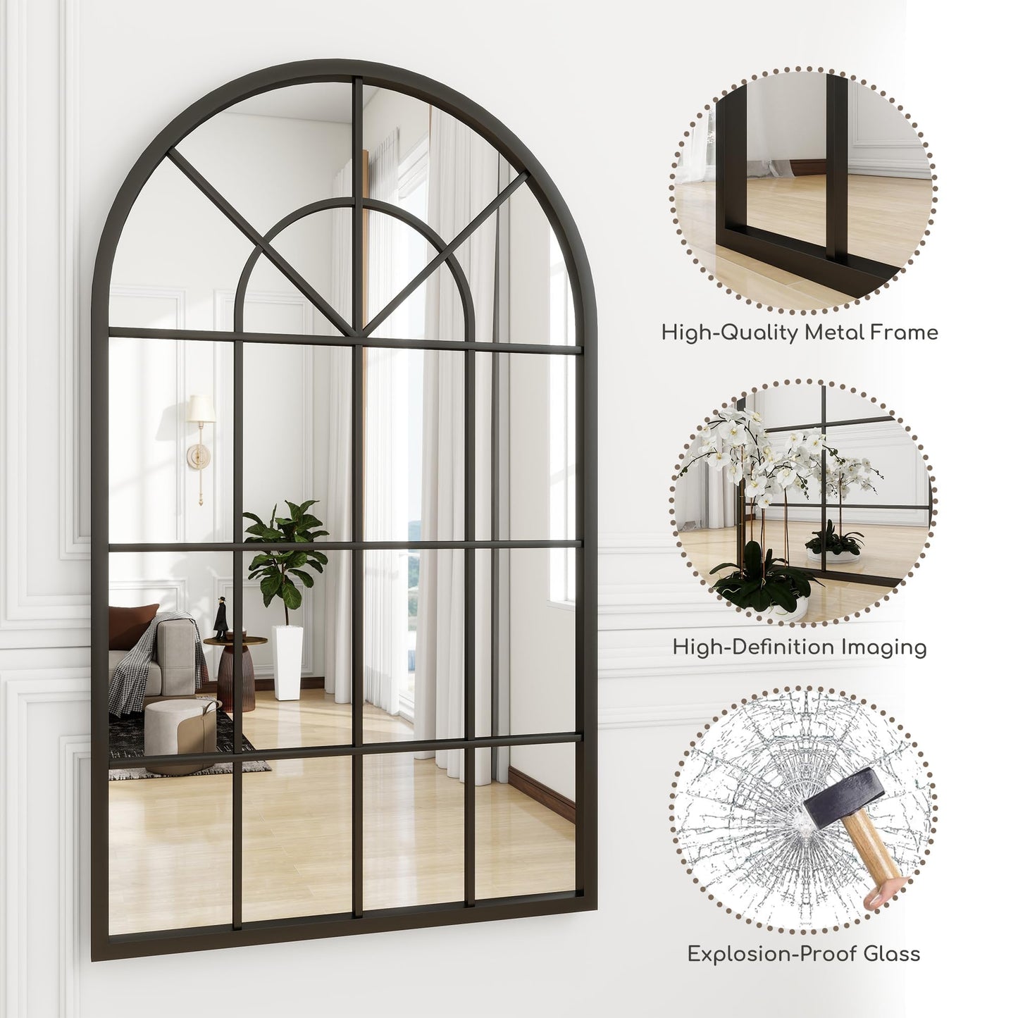 Dewfig Arched Full Length Mirror, 71"x 32" Windowpane Floor Mirror, Black