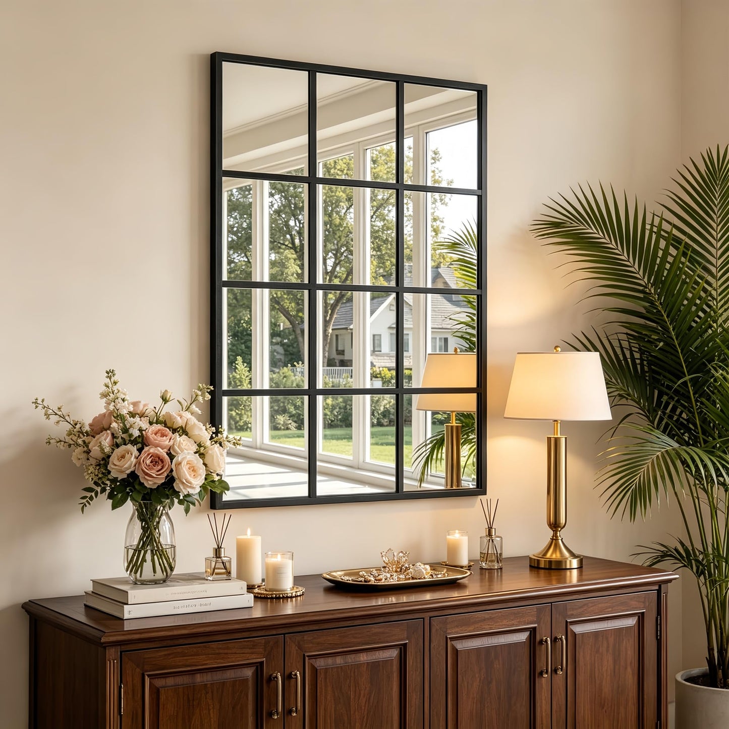 Dewfig Arched Full Length Mirror, 71"x 32" Windowpane Floor Mirror, Black
