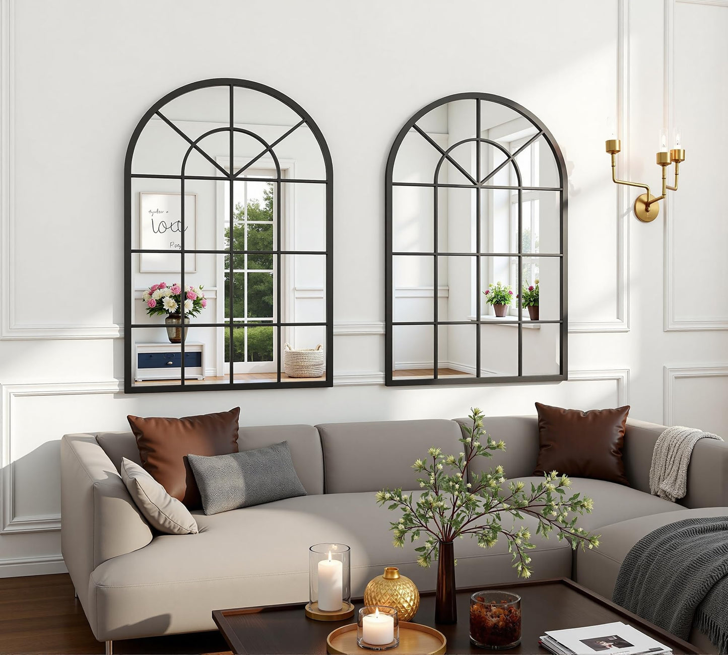 Dewfig Arched Full Length Mirror, 71"x 32" Windowpane Floor Mirror, Black